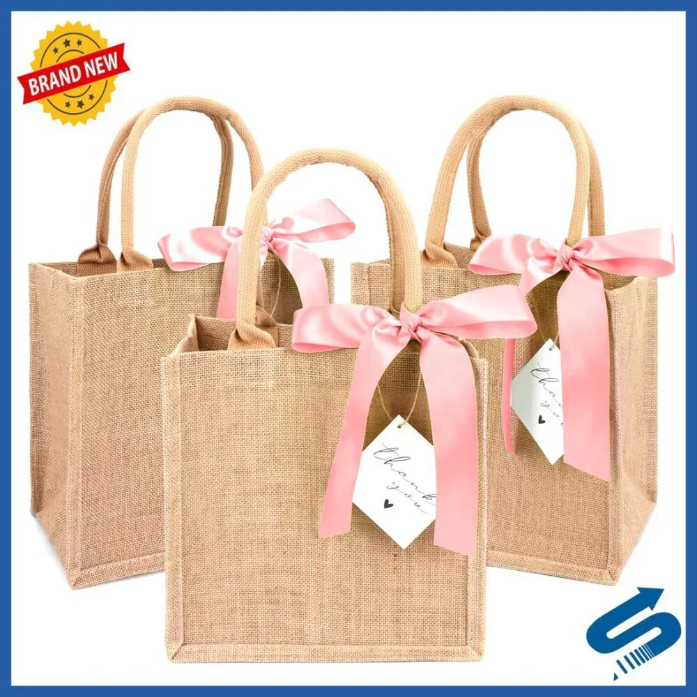 Reusable Jute Tote Bags with Waterproof Lining for Wedding Party Beach Events